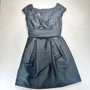 Alfred Sung Black Dupioni Cap Sleeve Cocktail Dress V-Neck Pleated D802 Size 12